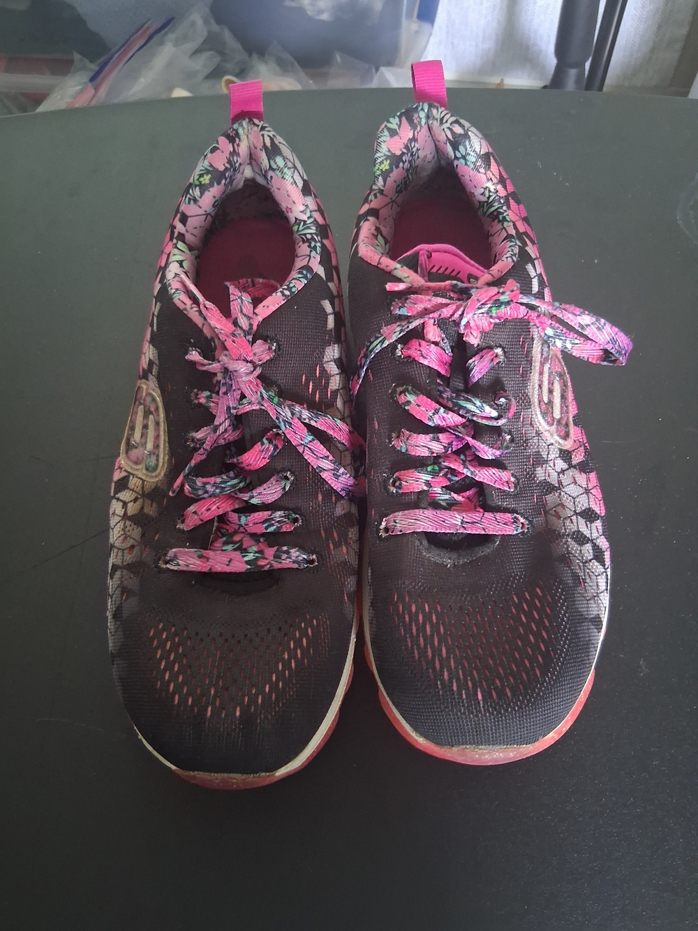 Skechers Black Athletic Sneakers with Pink Floral Accents Size 5